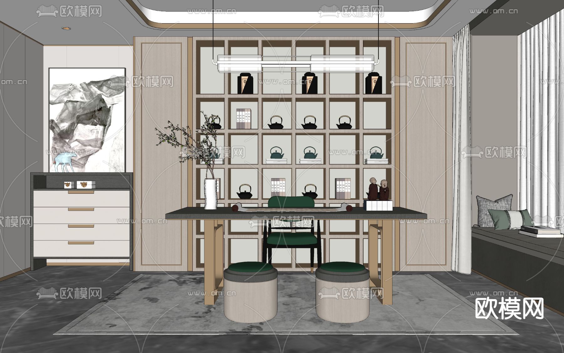 新中式书房su模型下载（渲染图2）