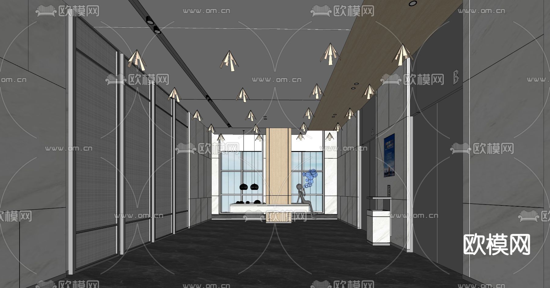 现代办公电梯厅su模型下载（渲染图2）