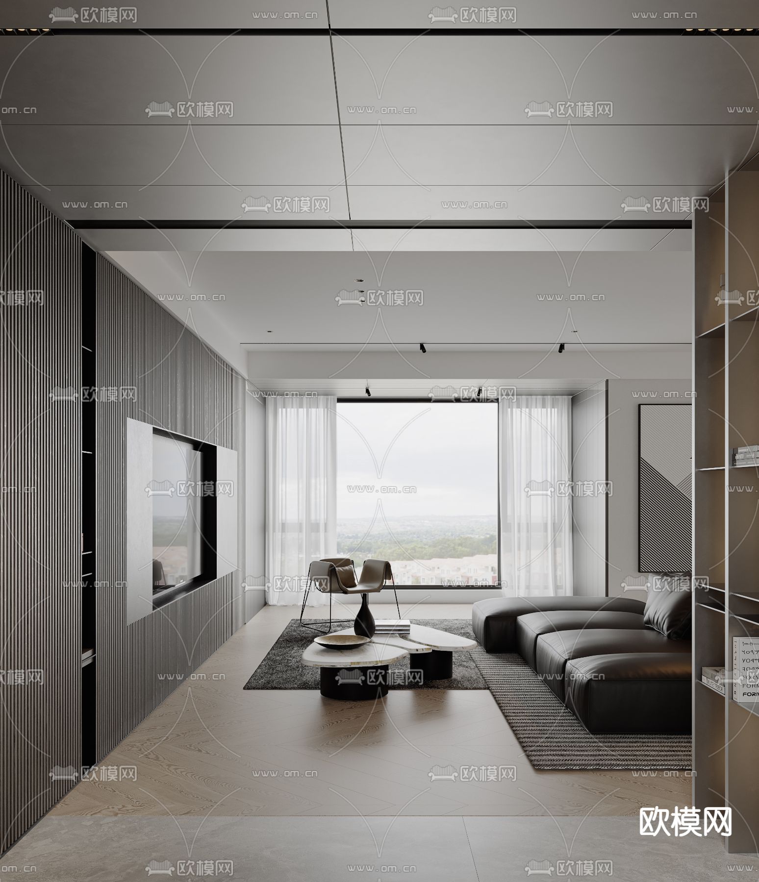 现代高级灰复式客餐厅3d模型下载（渲染图2）