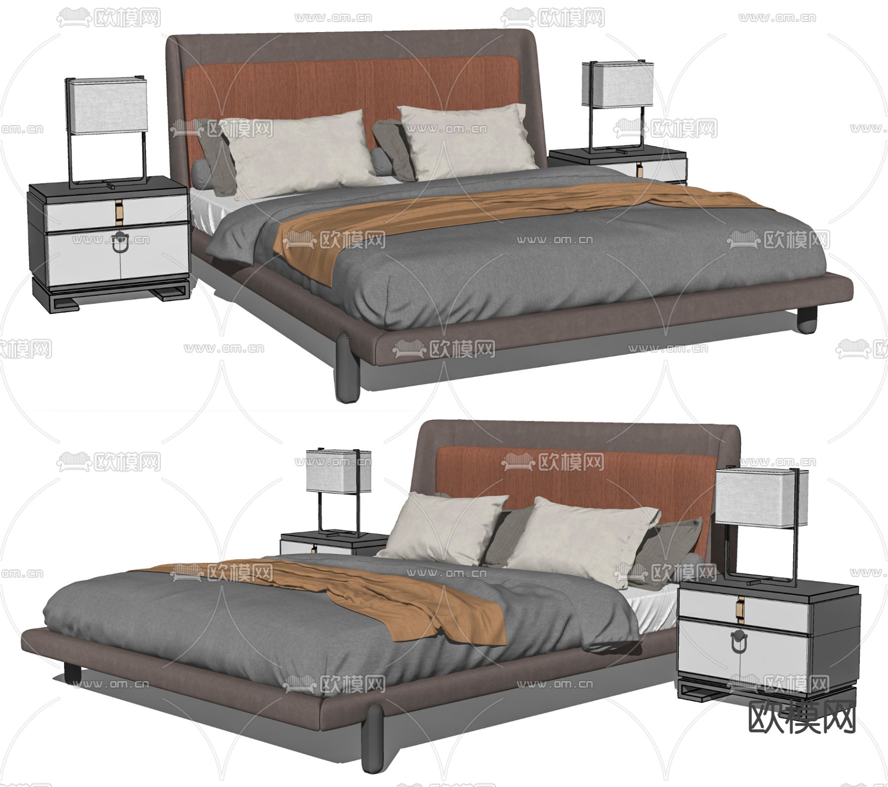 新中式布艺双人床su模型下载（渲染图2）
