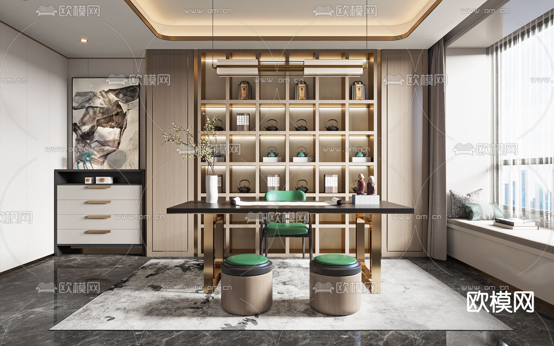 新中式书房su模型下载（渲染图1）
