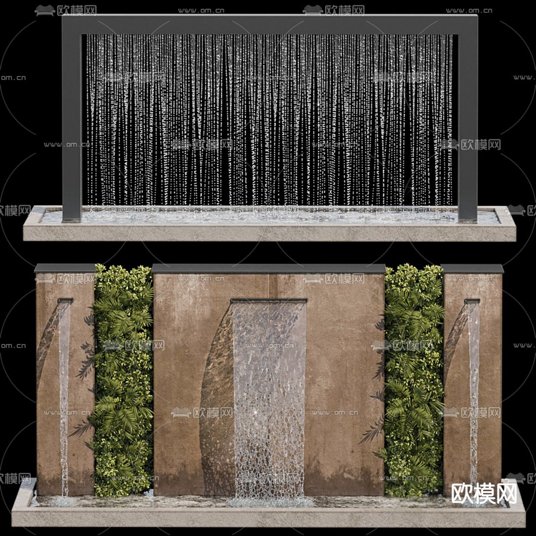 现代流水墙瀑布墙小品3d模型下载（渲染图1）