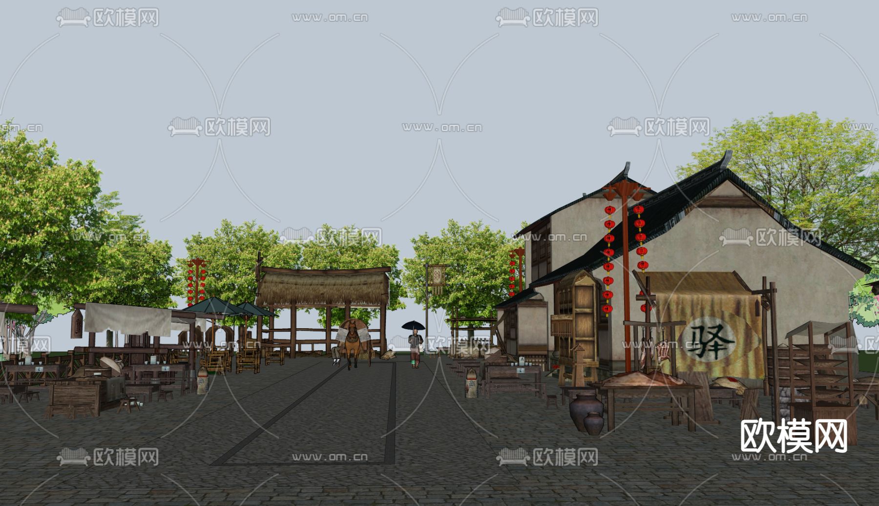 中式集市商业街道su模型下载（渲染图3）