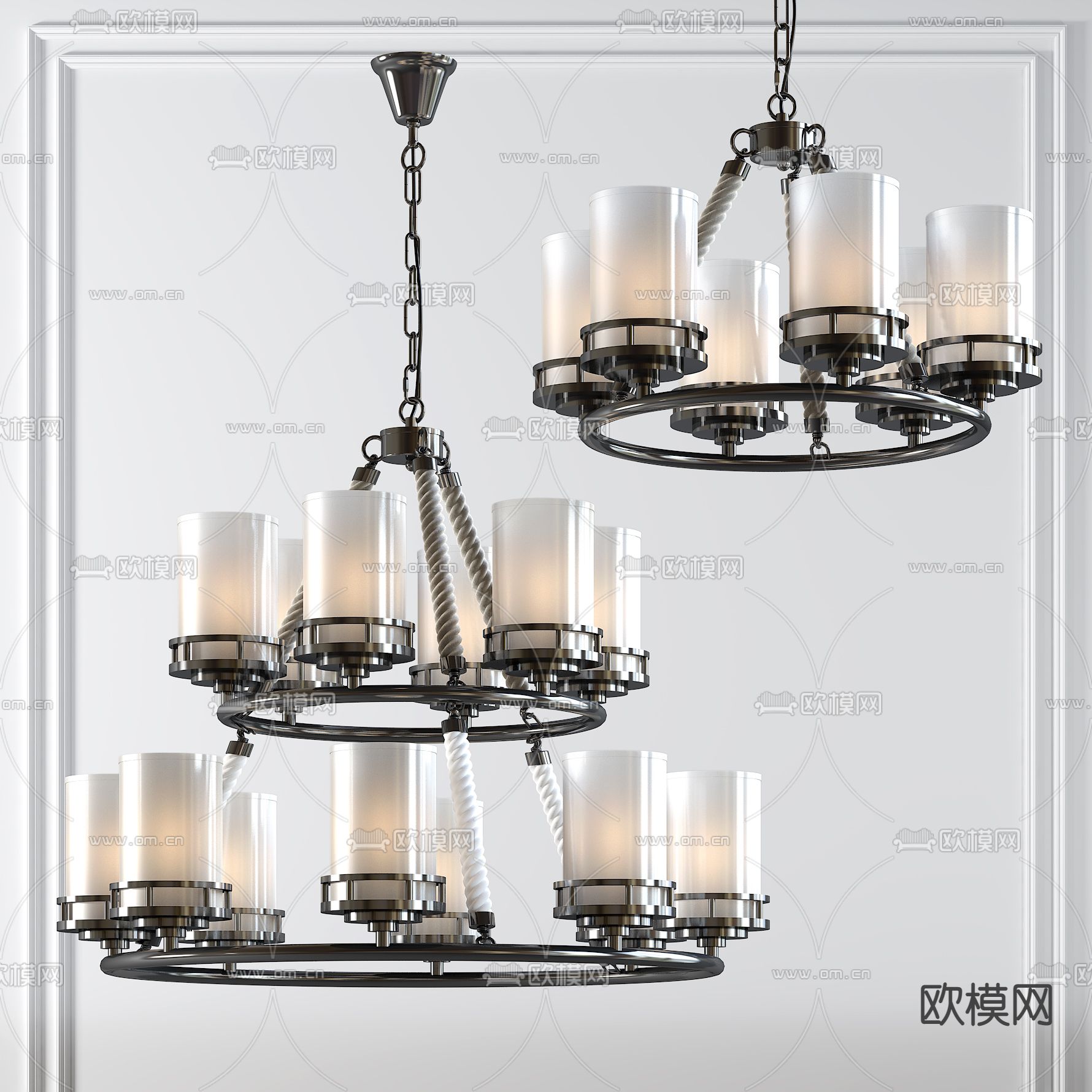 新中式麻绳玻璃罩多头吊灯3d模型下载