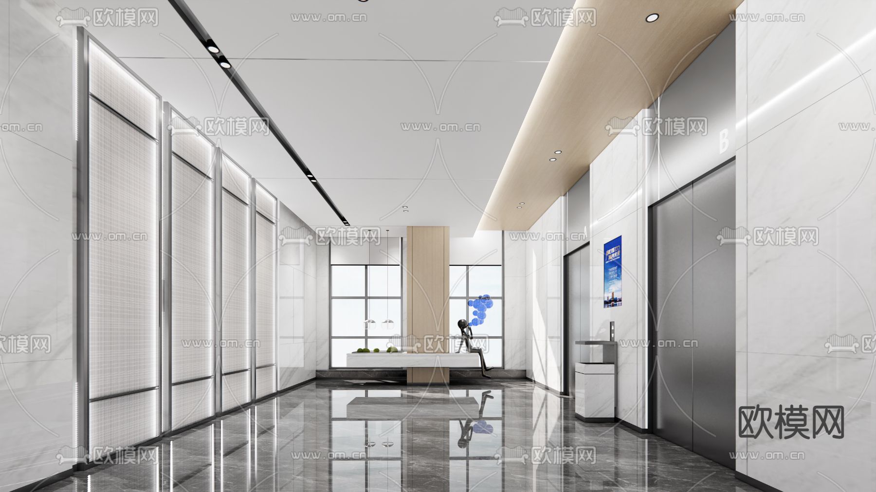 现代办公电梯厅su模型下载（渲染图1）