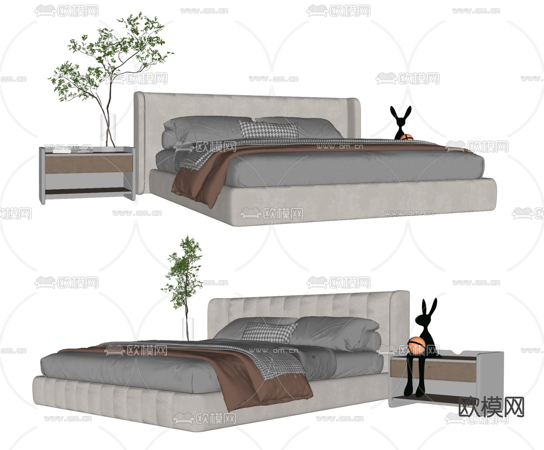现代布艺双人床su模型下载（渲染图2）
