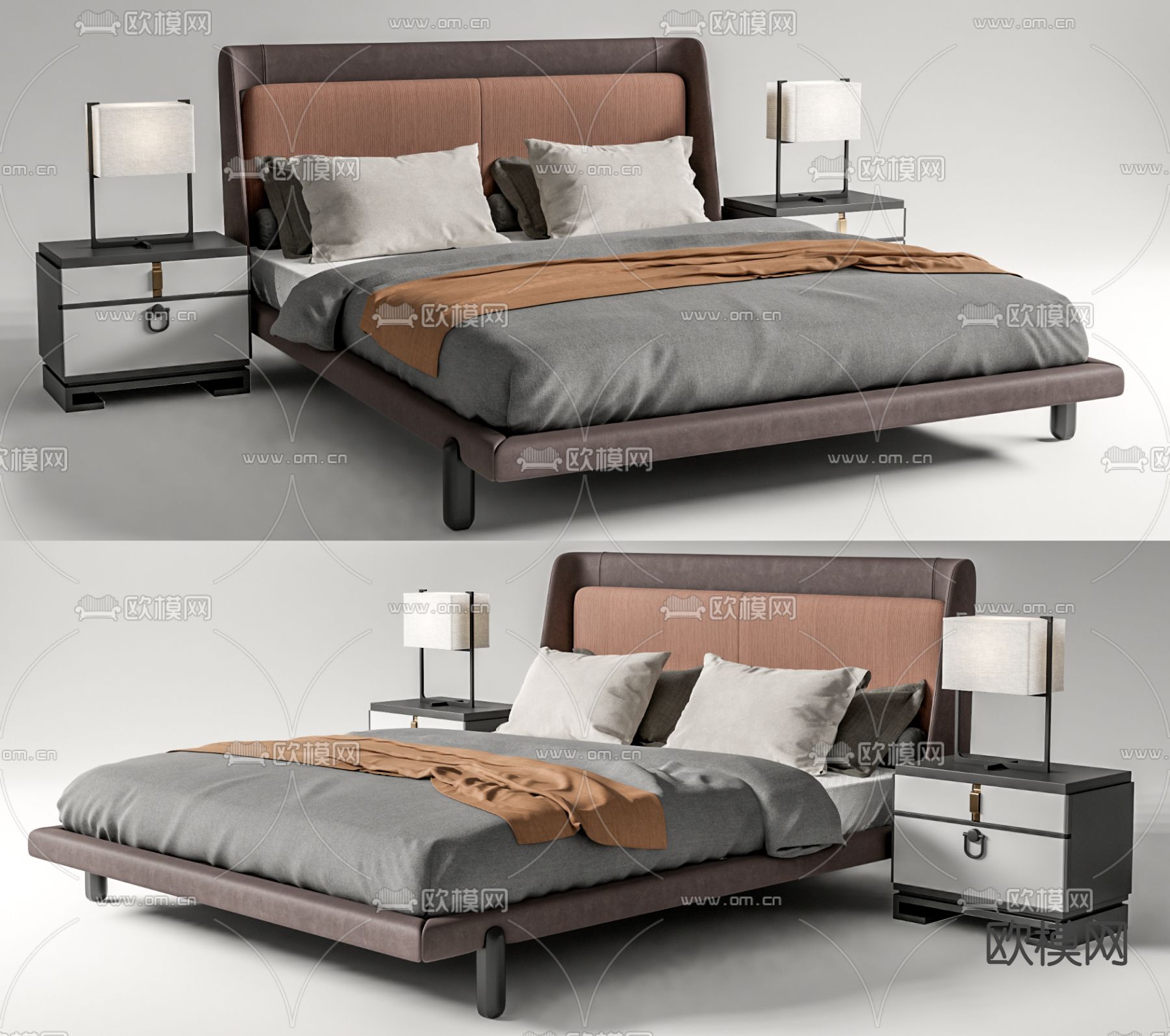 新中式布艺双人床su模型下载（渲染图1）