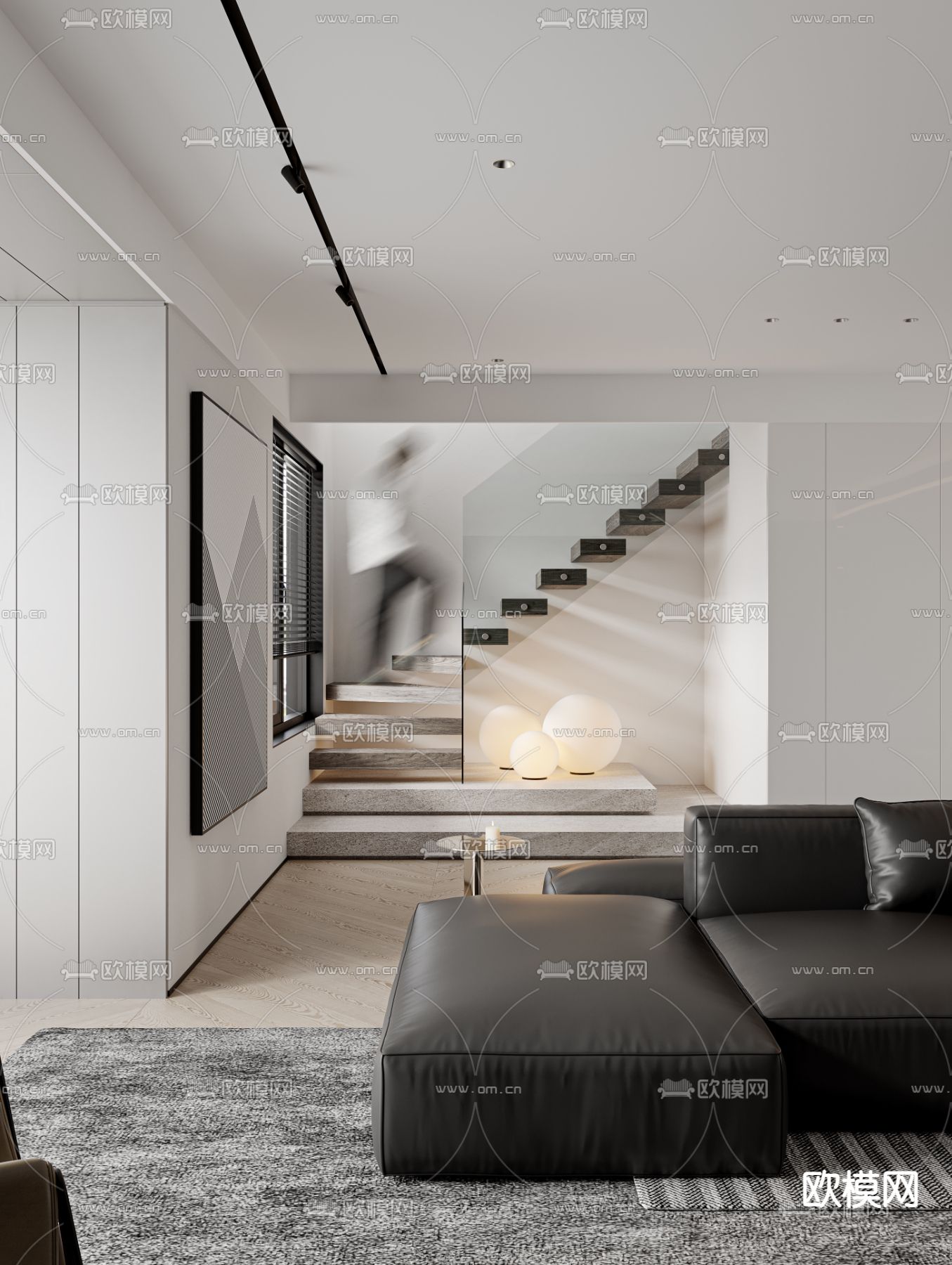 现代高级灰复式客餐厅3d模型下载（渲染图1）