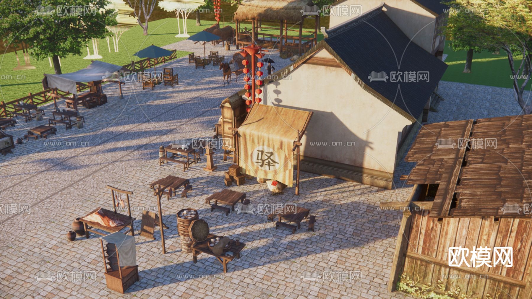 中式集市商业街道su模型下载（渲染图2）