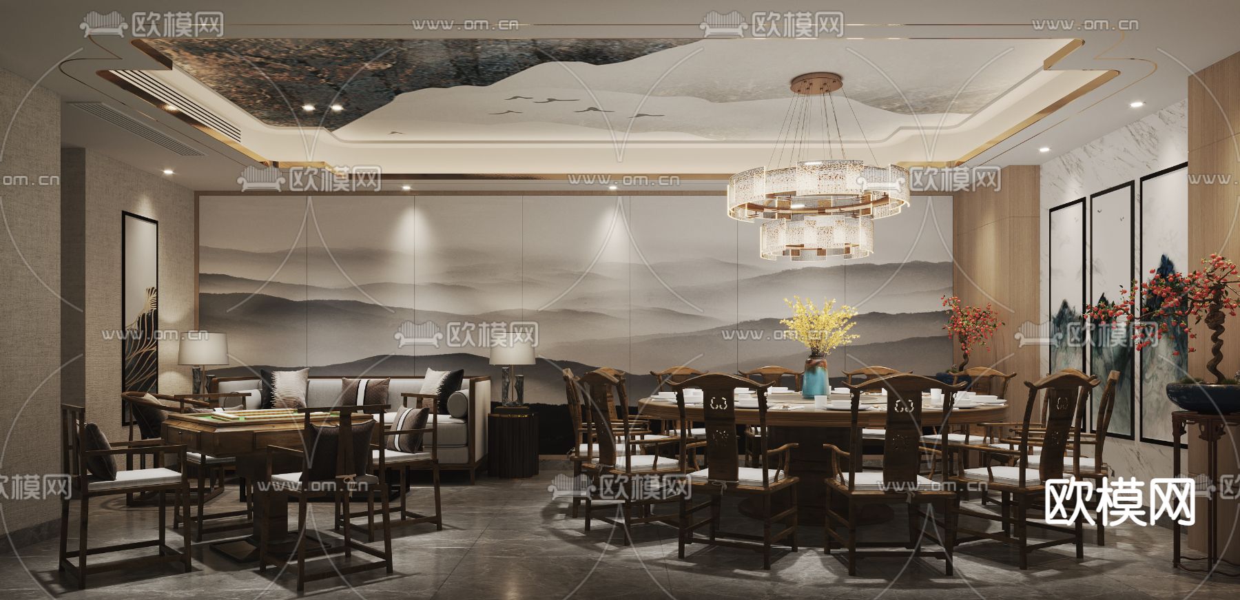 新中式餐饮包厢3d模型下载_ID11962039_3dmax免费模型-欧模网