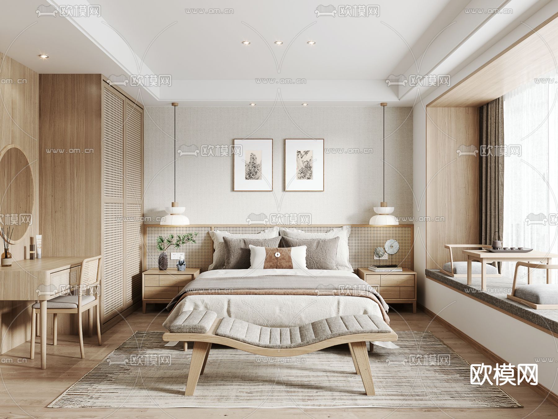 日式卧室主人房su模型下载（渲染图1）