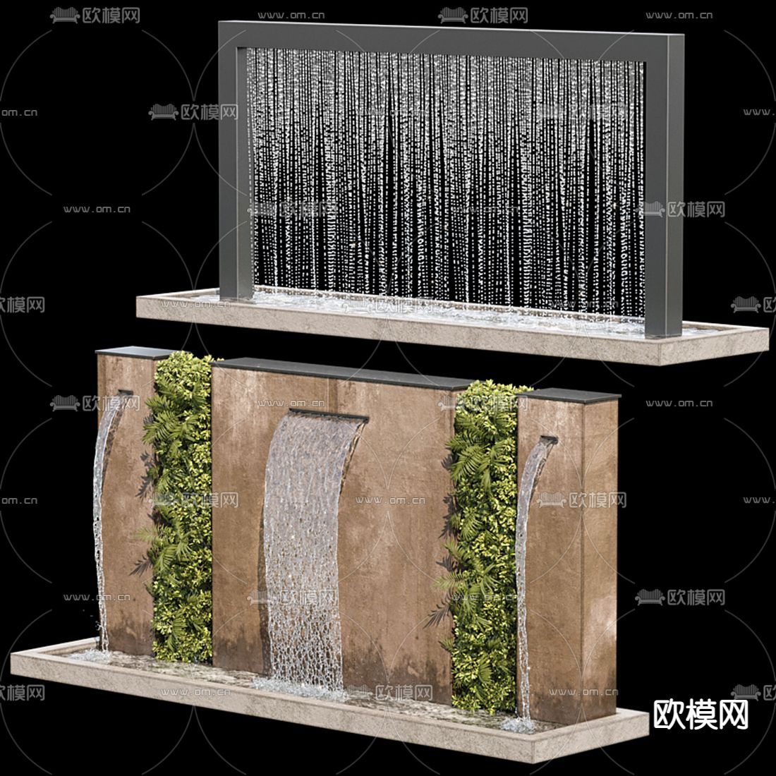 现代流水墙瀑布墙小品3d模型下载（渲染图3）
