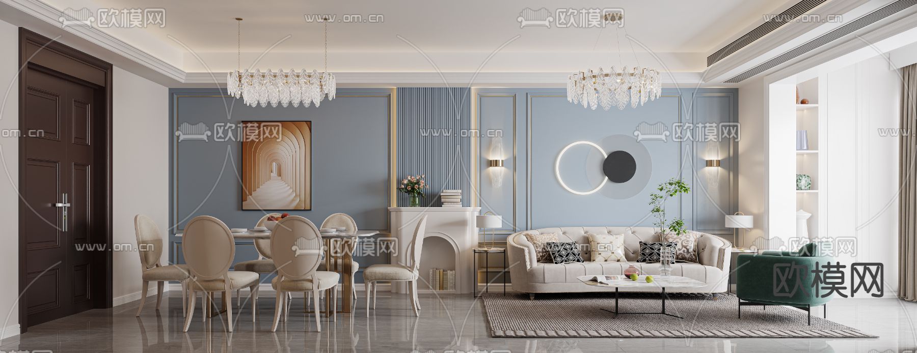 简欧客餐厅3d模型下载（渲染图1）