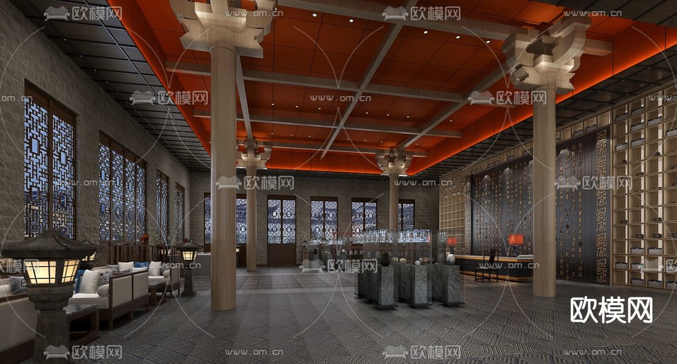 中式酒店大堂3d模型下载(渲染图2)