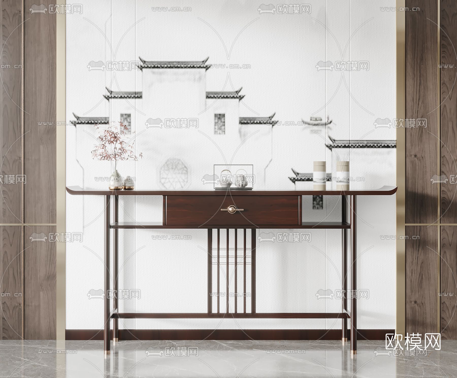 新中式玄关端景条案3d模型下载