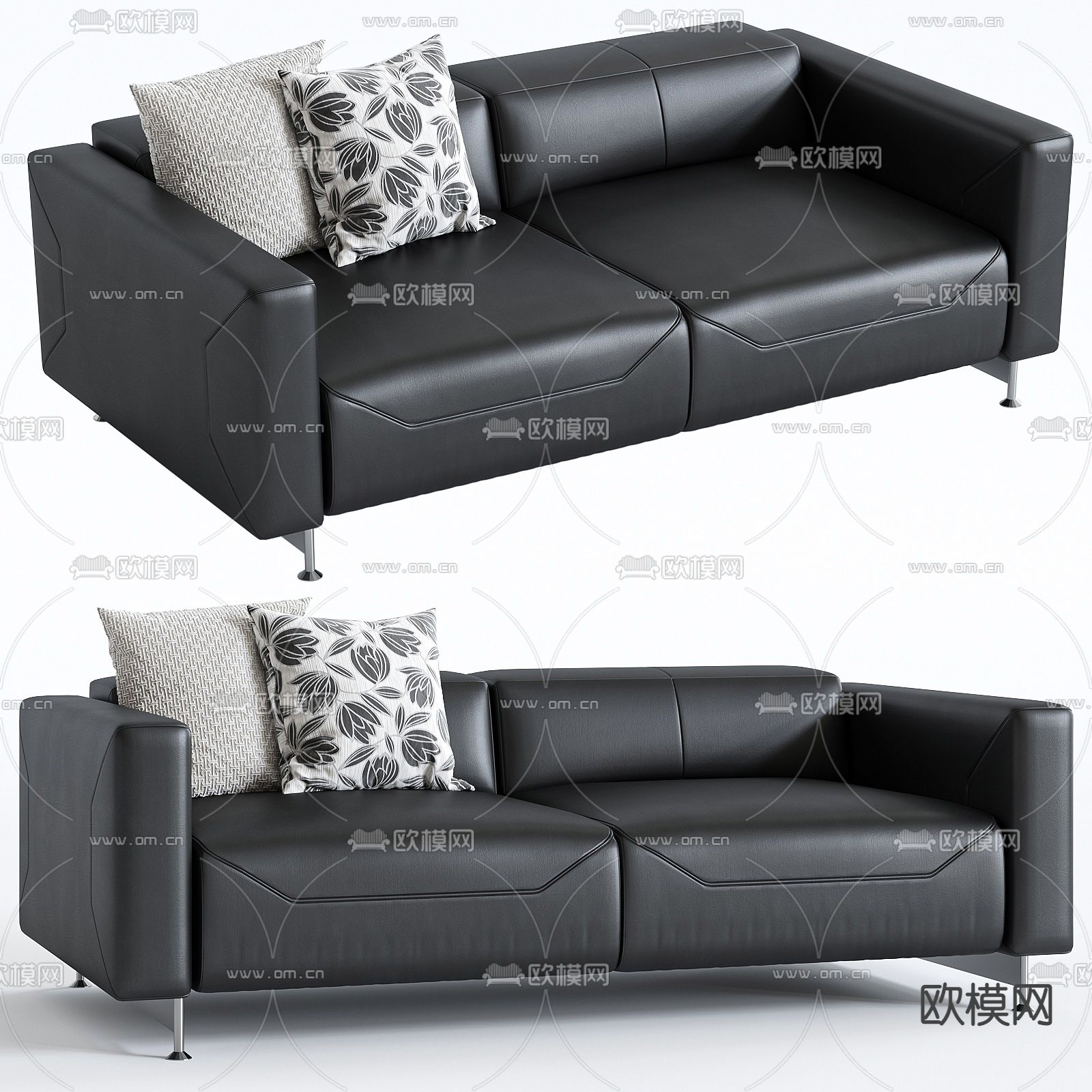 现代黑色皮革双人沙发3d模型下载