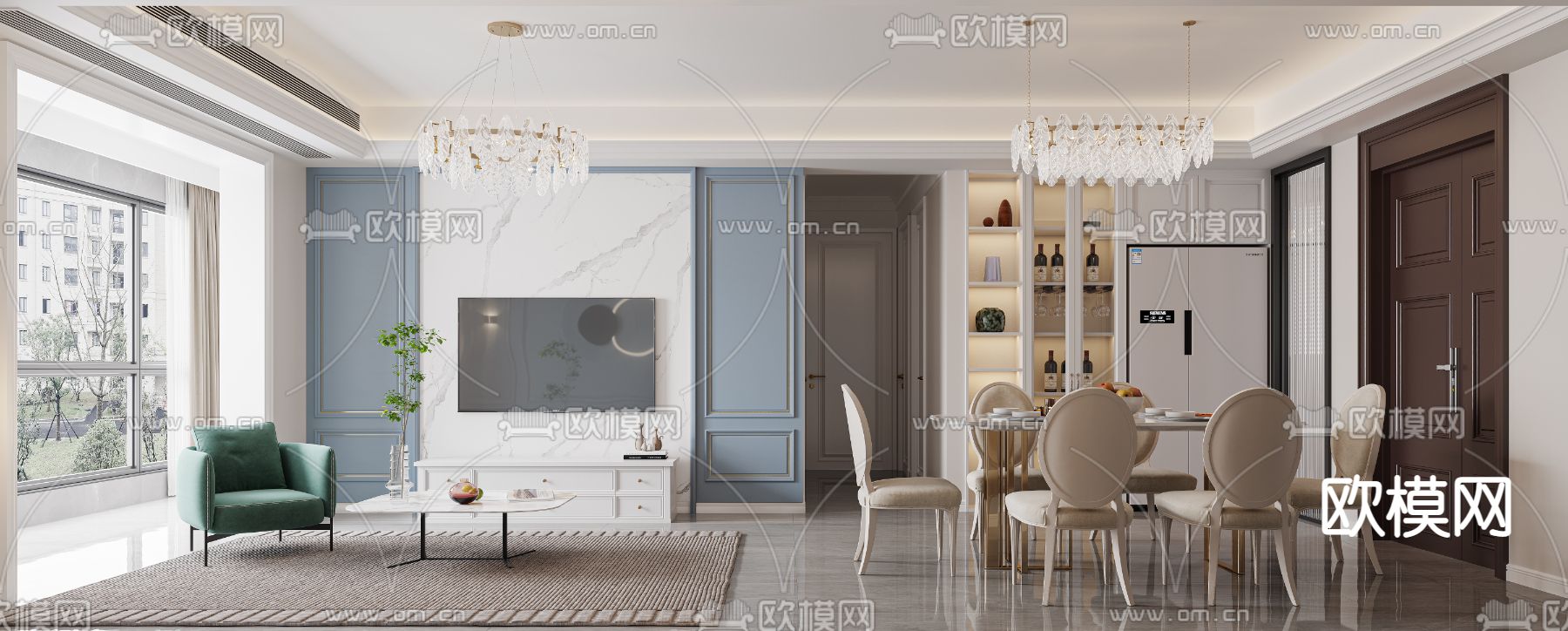 简欧客餐厅3d模型下载（渲染图2）