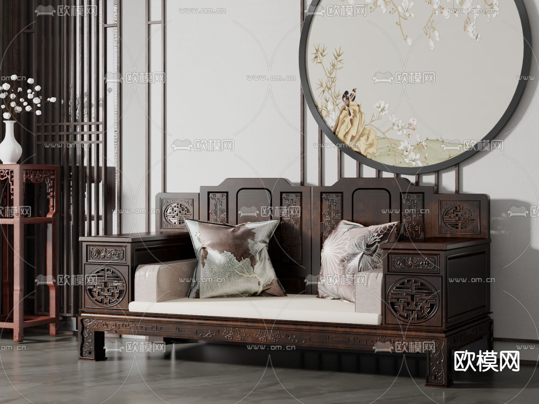 中式雕花双人沙发罗汉床3d模型下载