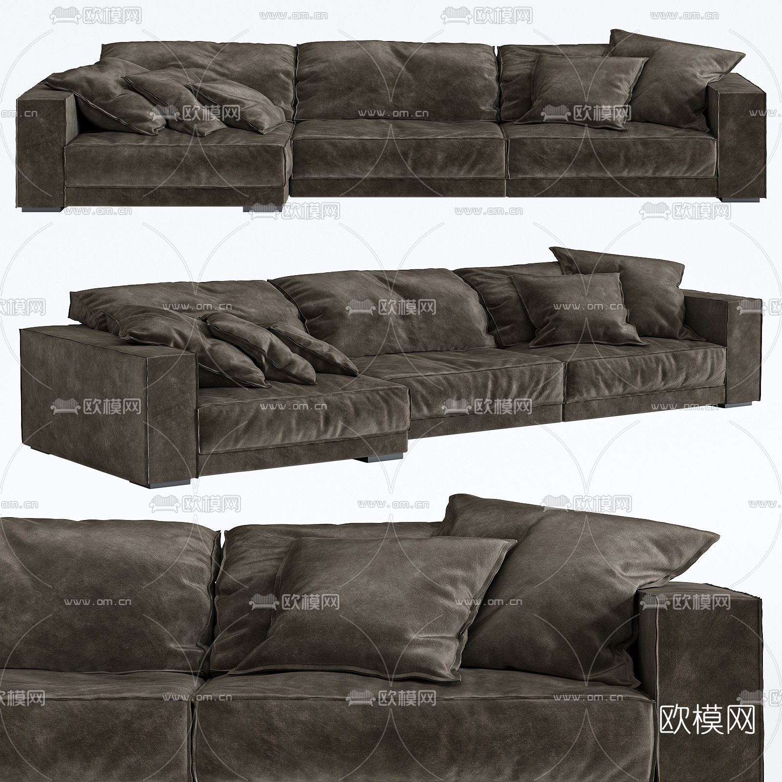 现代深棕色转角多人沙发3d模型下载
