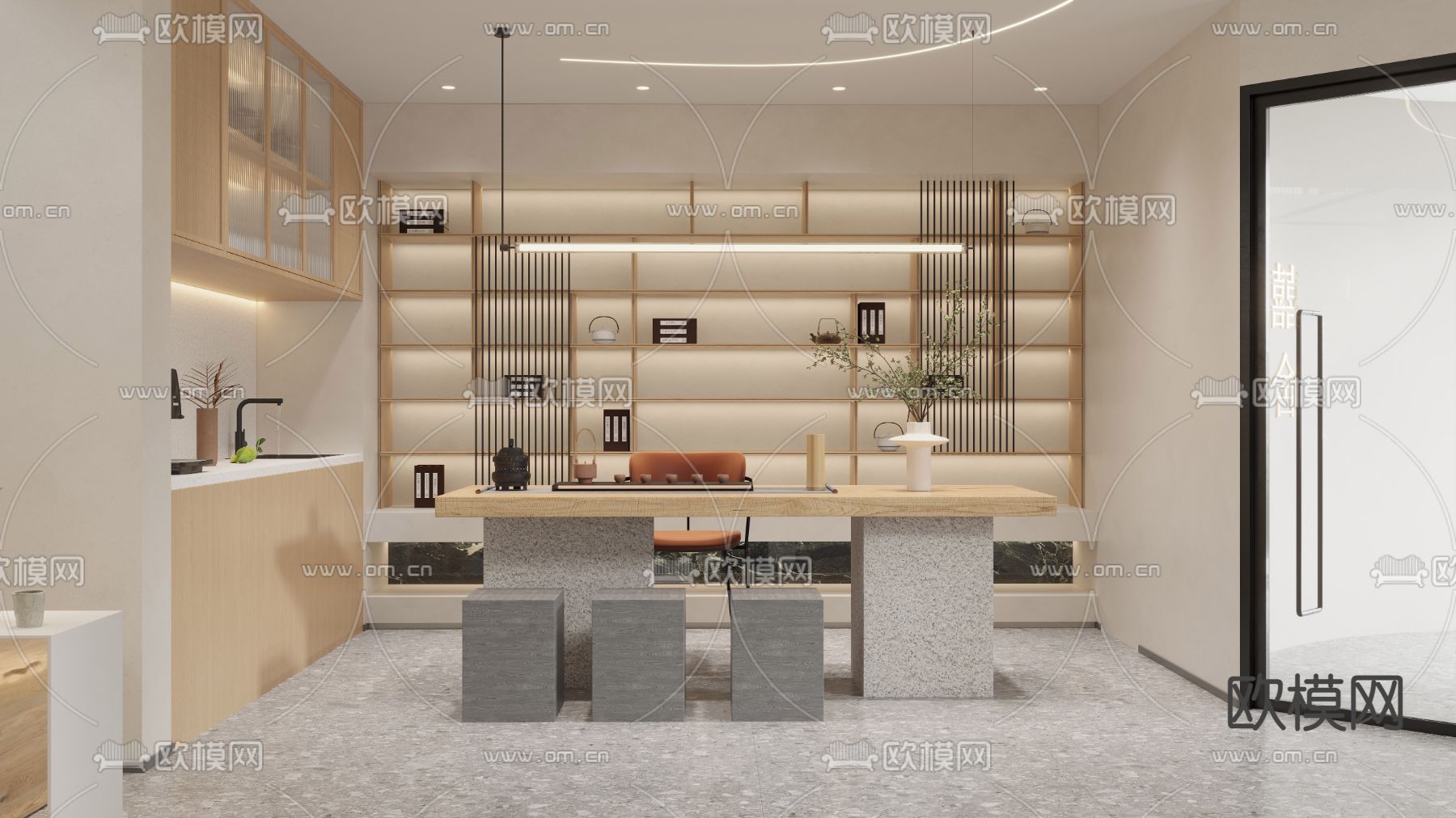 奶油风茶会所展厅3d模型下载（渲染图2）