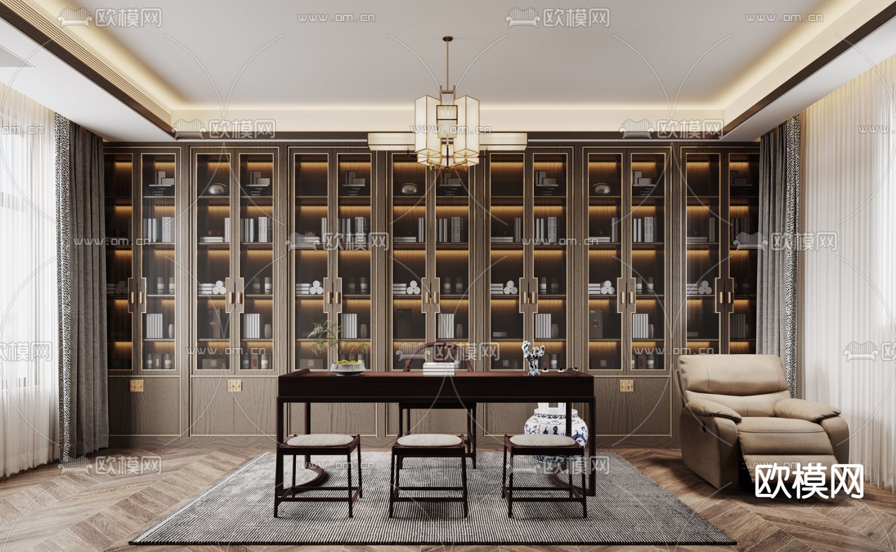 新中式轻奢书房3d模型下载
