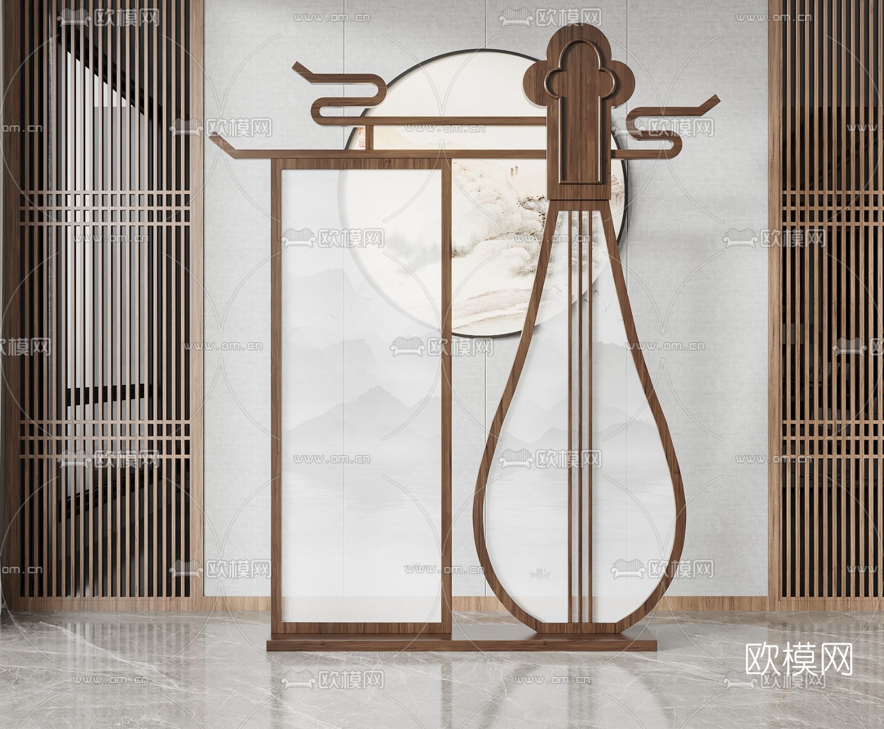 中式琵琶造型屏风隔断3d模型下载