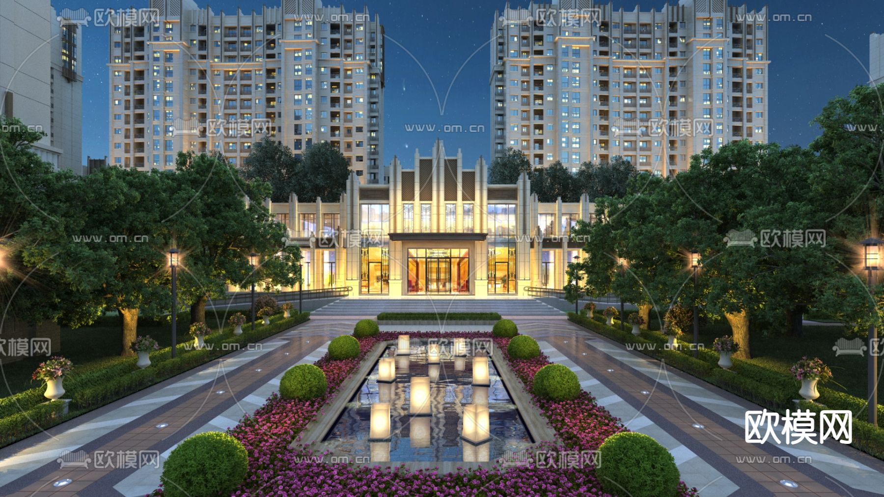 简欧会所外观夜景3d模型下载