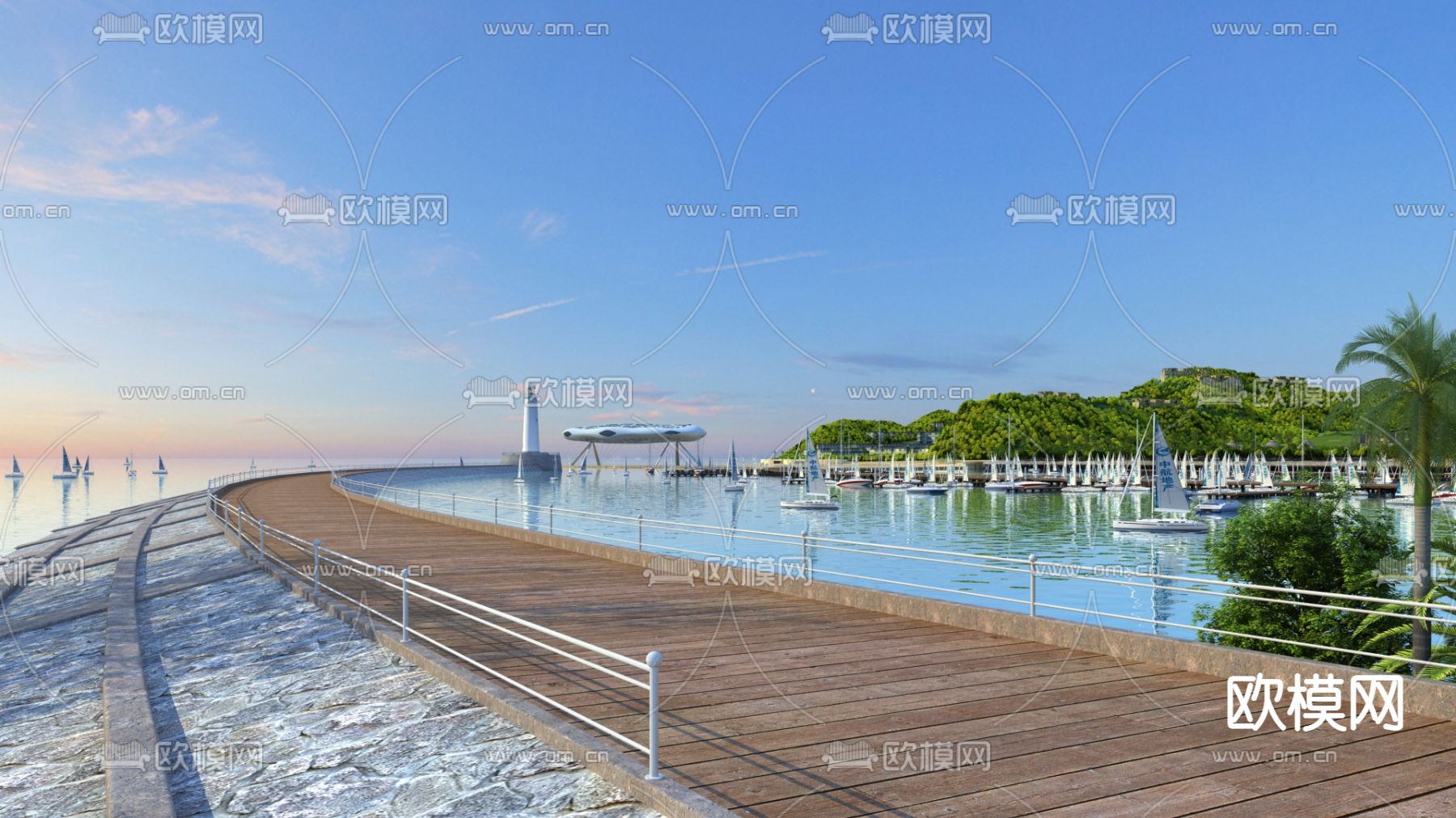 现代游艇码头景观3d模型下载