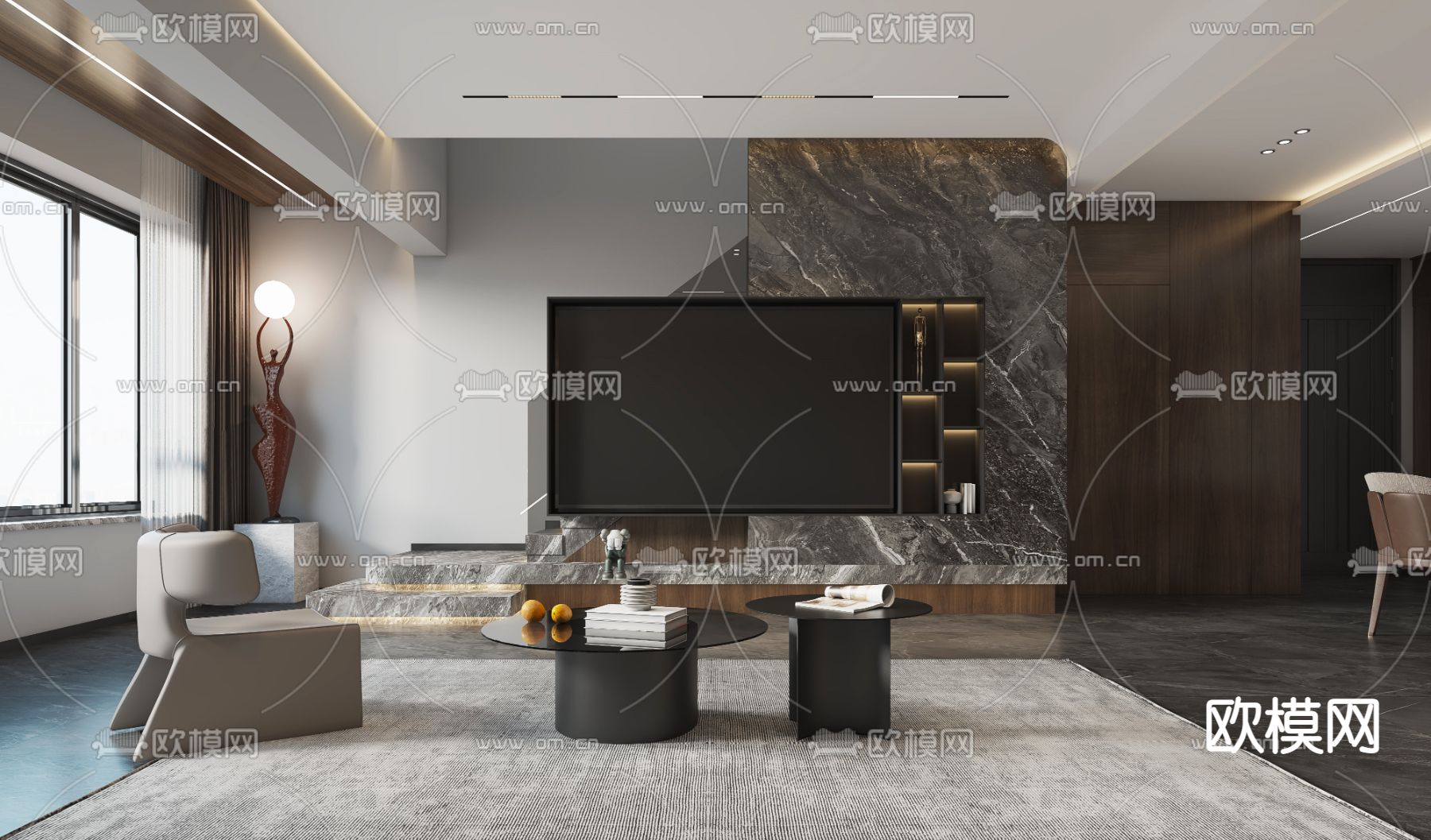 现代高级灰复式客餐厅3d模型下载（渲染图2）