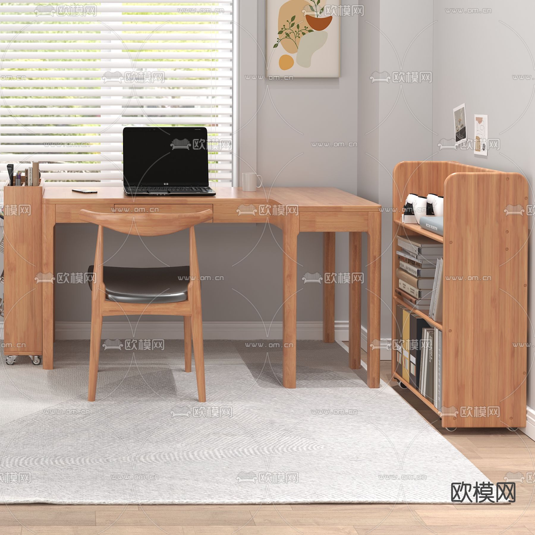 北欧实木书桌椅3d模型下载（渲染图1）