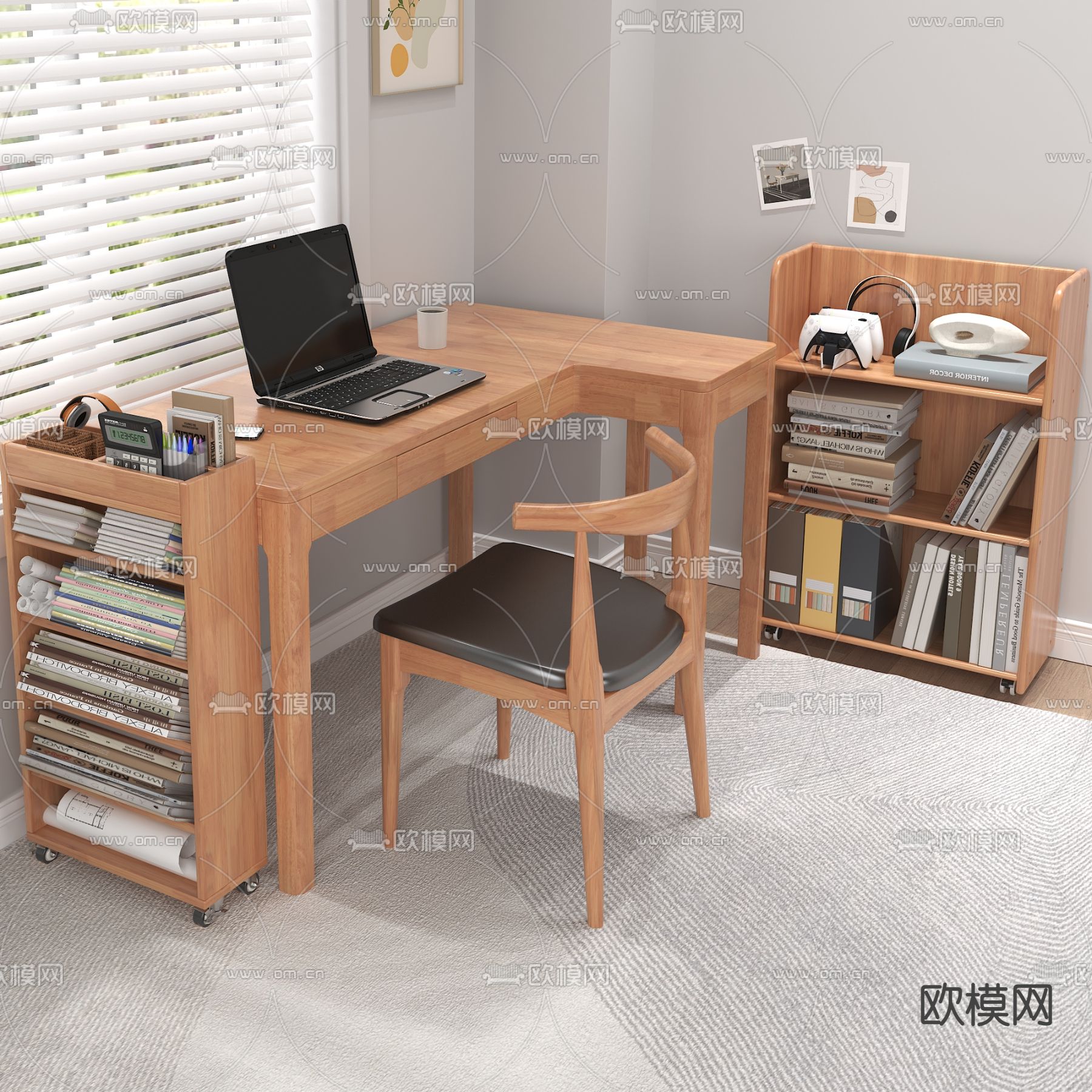 北欧实木书桌椅3d模型下载（渲染图2）