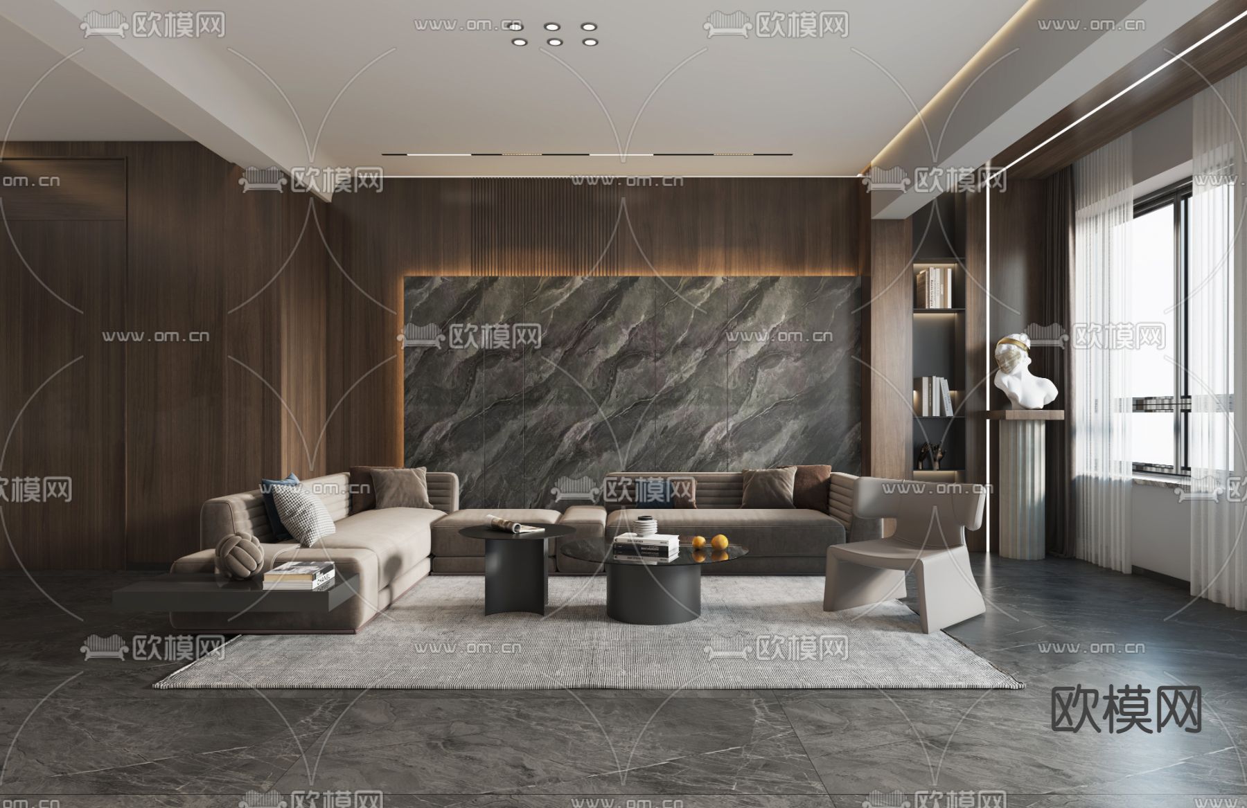 现代高级灰复式客餐厅3d模型下载（渲染图1）