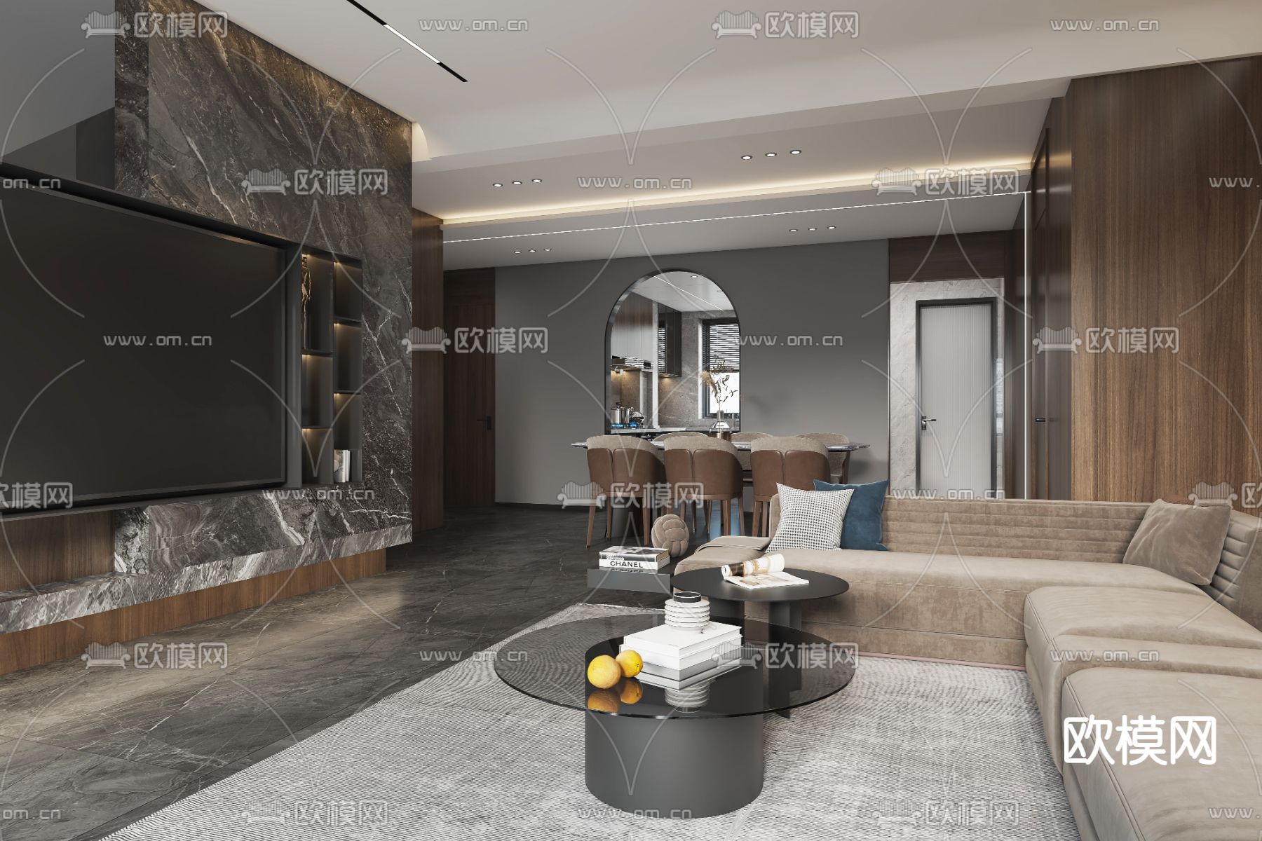 现代高级灰复式客餐厅3d模型下载（渲染图3）
