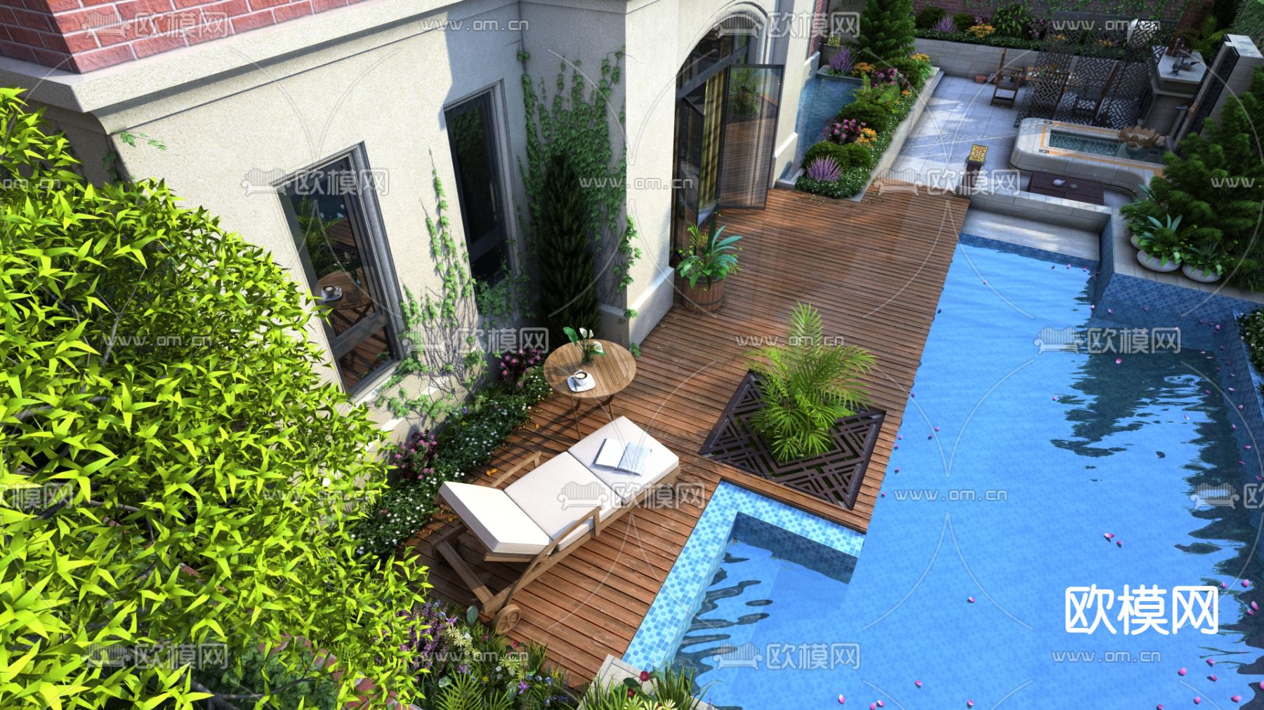 简欧别墅泳池庭院花园3d模型下载