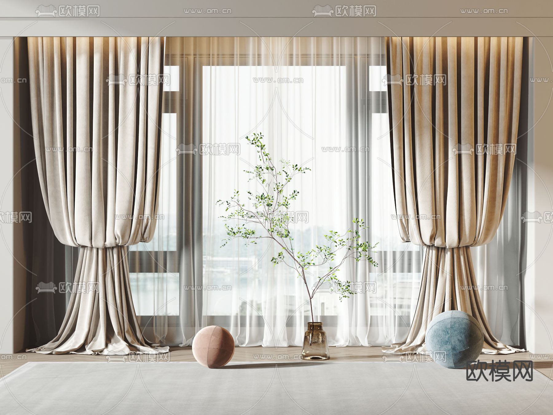 现代布艺窗帘3d模型下载