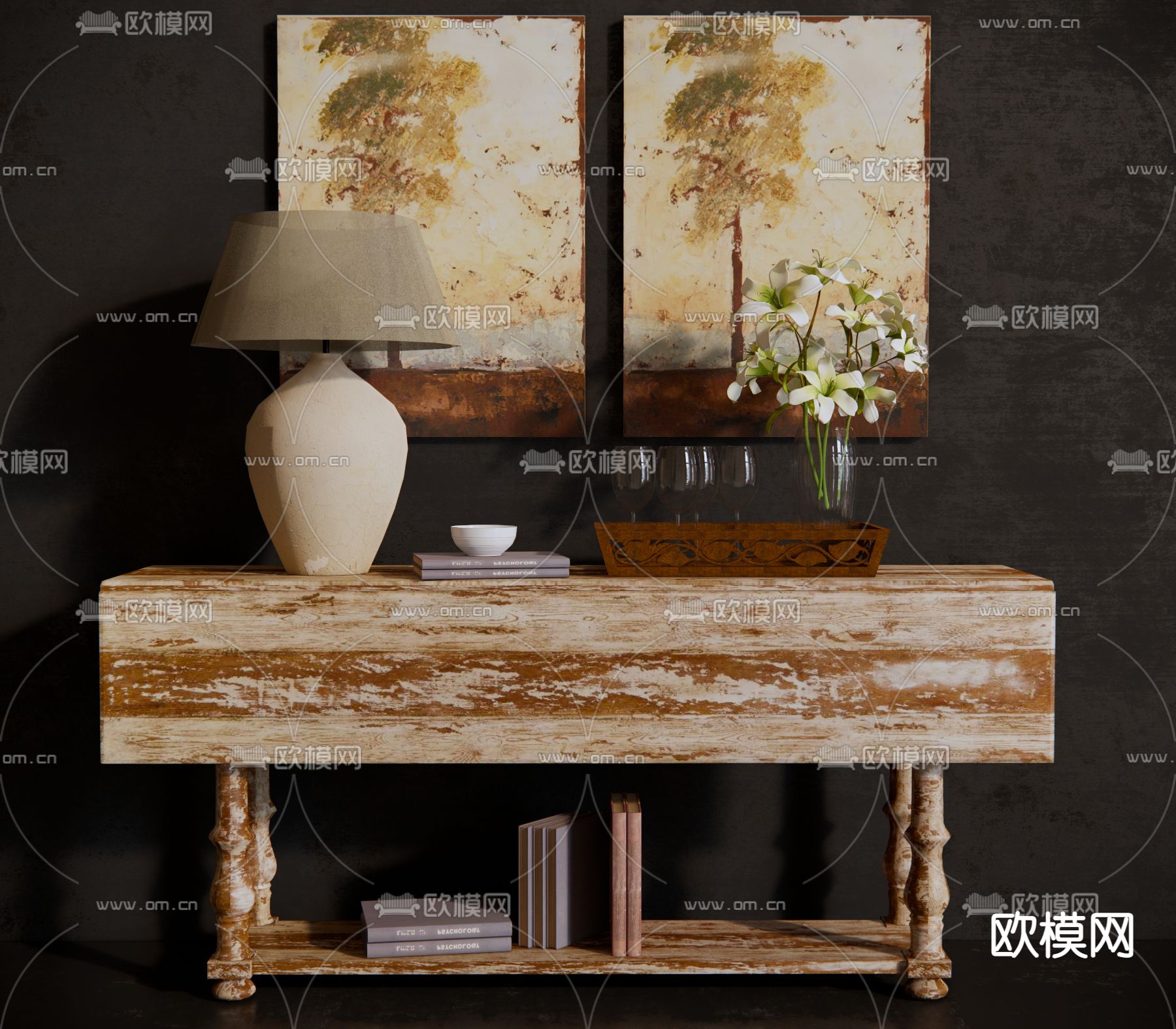 简欧做旧端景台案su模型下载（渲染图1）