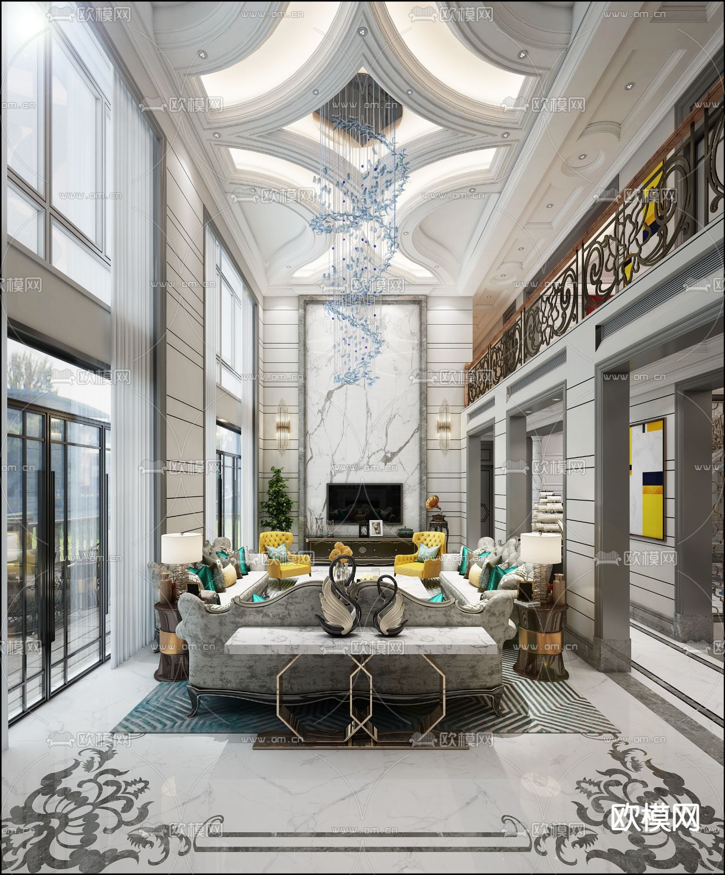 欧式别墅大堂免费3d模型下载（渲染图2）