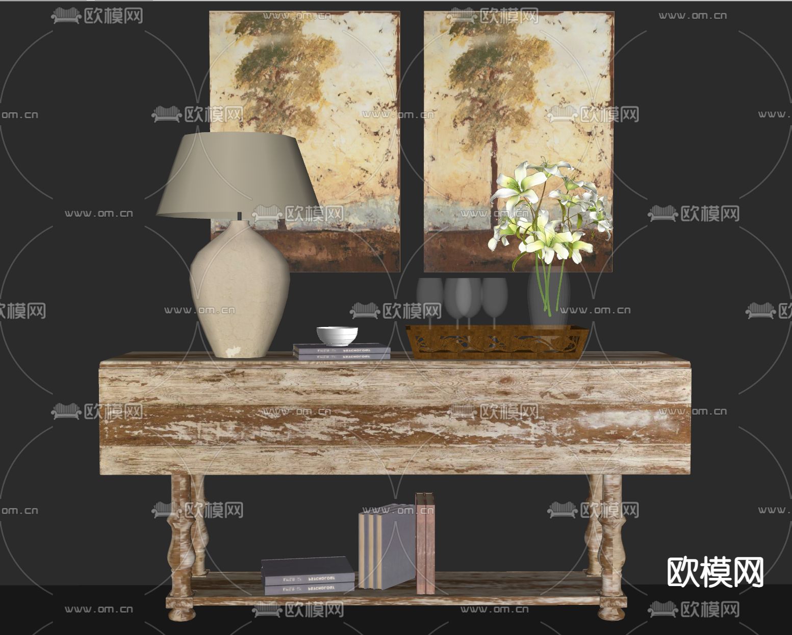 简欧做旧端景台案su模型下载（渲染图3）