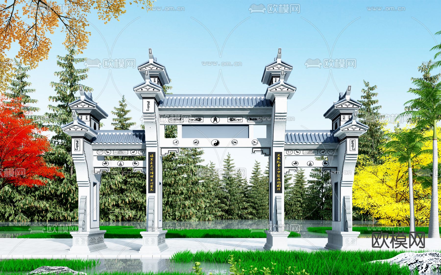 中式入口大门牌坊免费3d模型下载