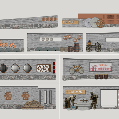 新中式乡村民俗景墙su模型
