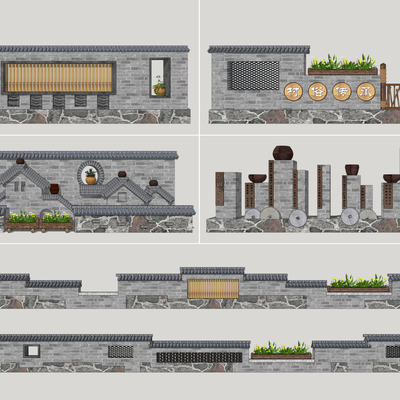 中式乡村民俗文化景墙su模型
