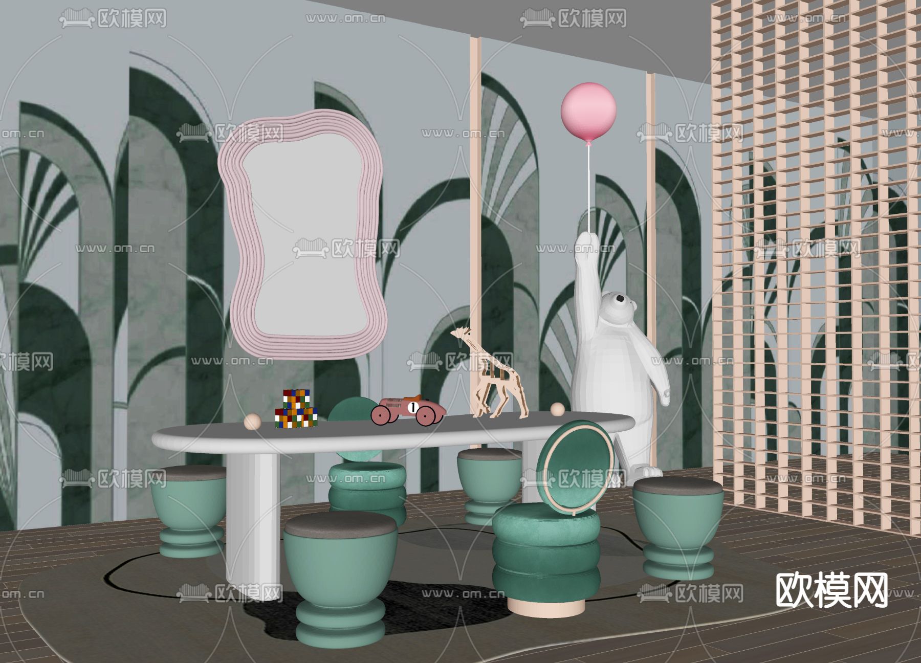 孟菲斯风格儿童桌椅su模型下载（渲染图2）