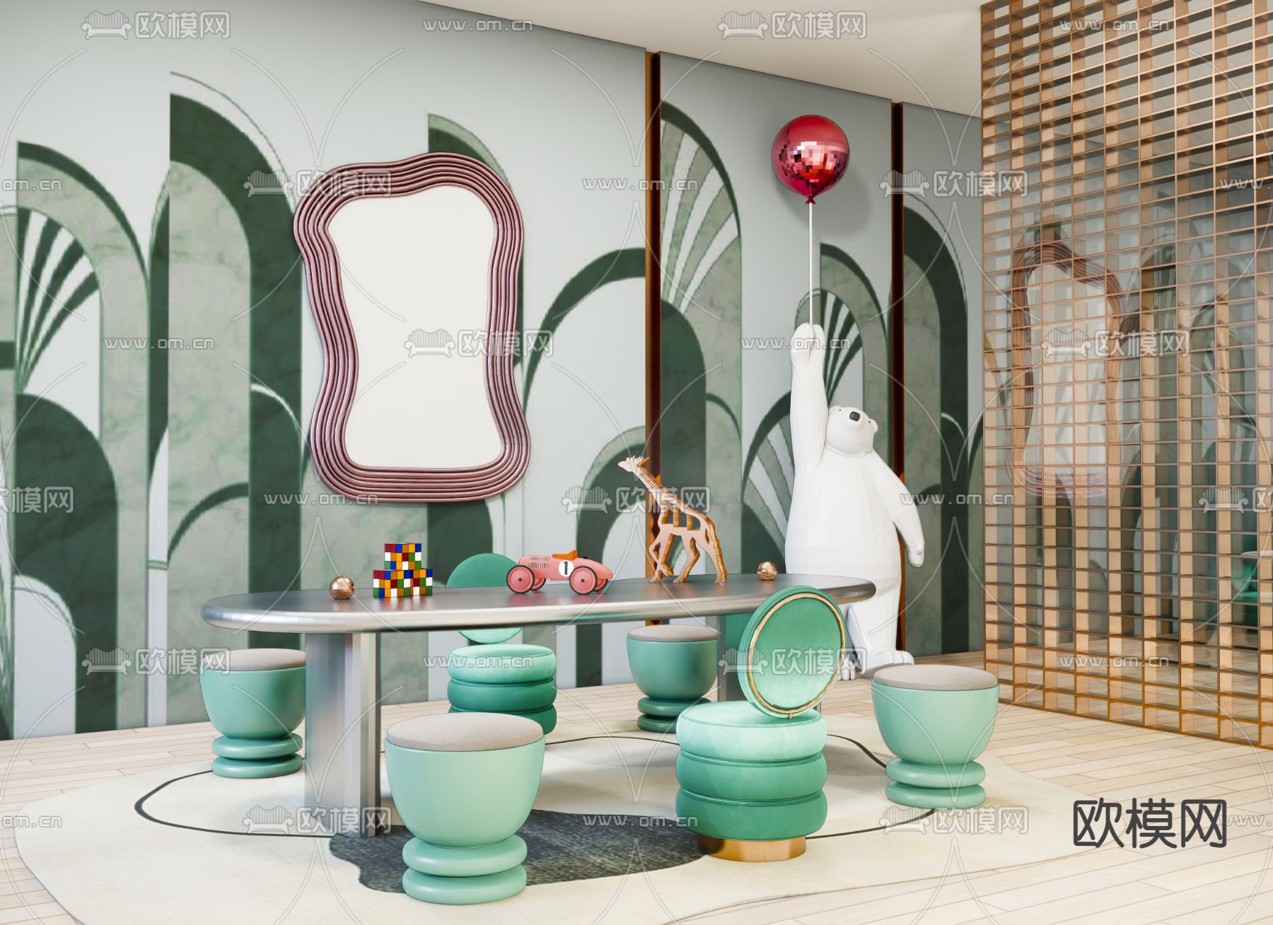 孟菲斯风格儿童桌椅su模型下载（渲染图1）