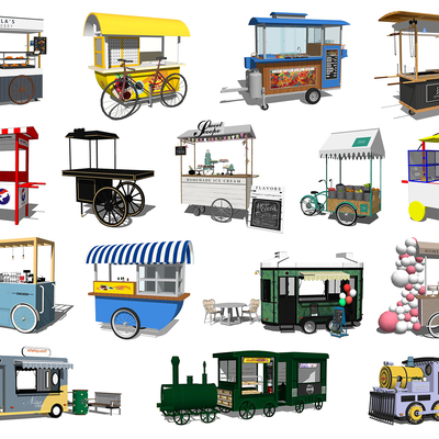  现代售货车摊位车su模型 