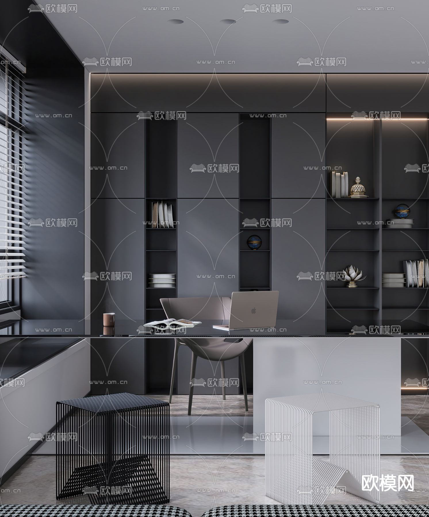 现代高级灰书房3d模型下载（渲染图1）