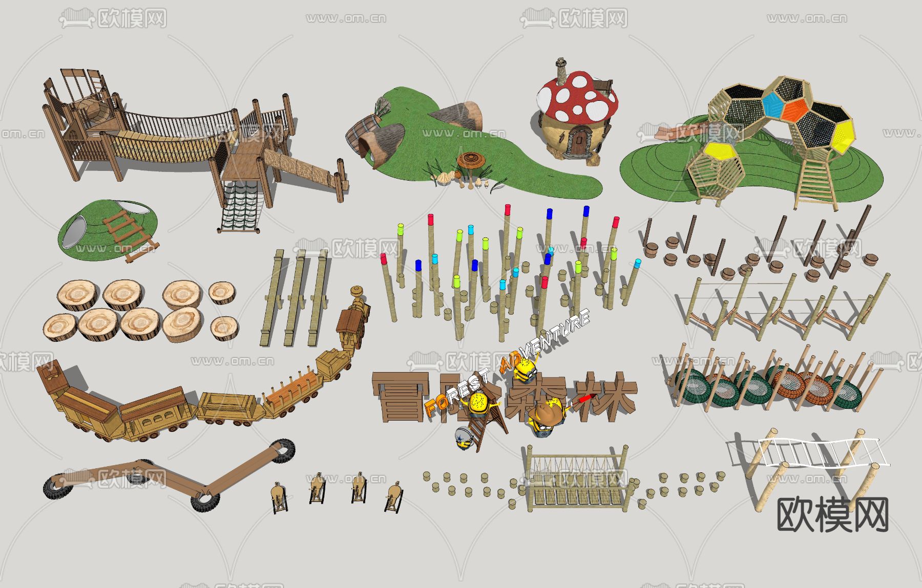 现代木制儿童游乐设施su模型下载（渲染图1）