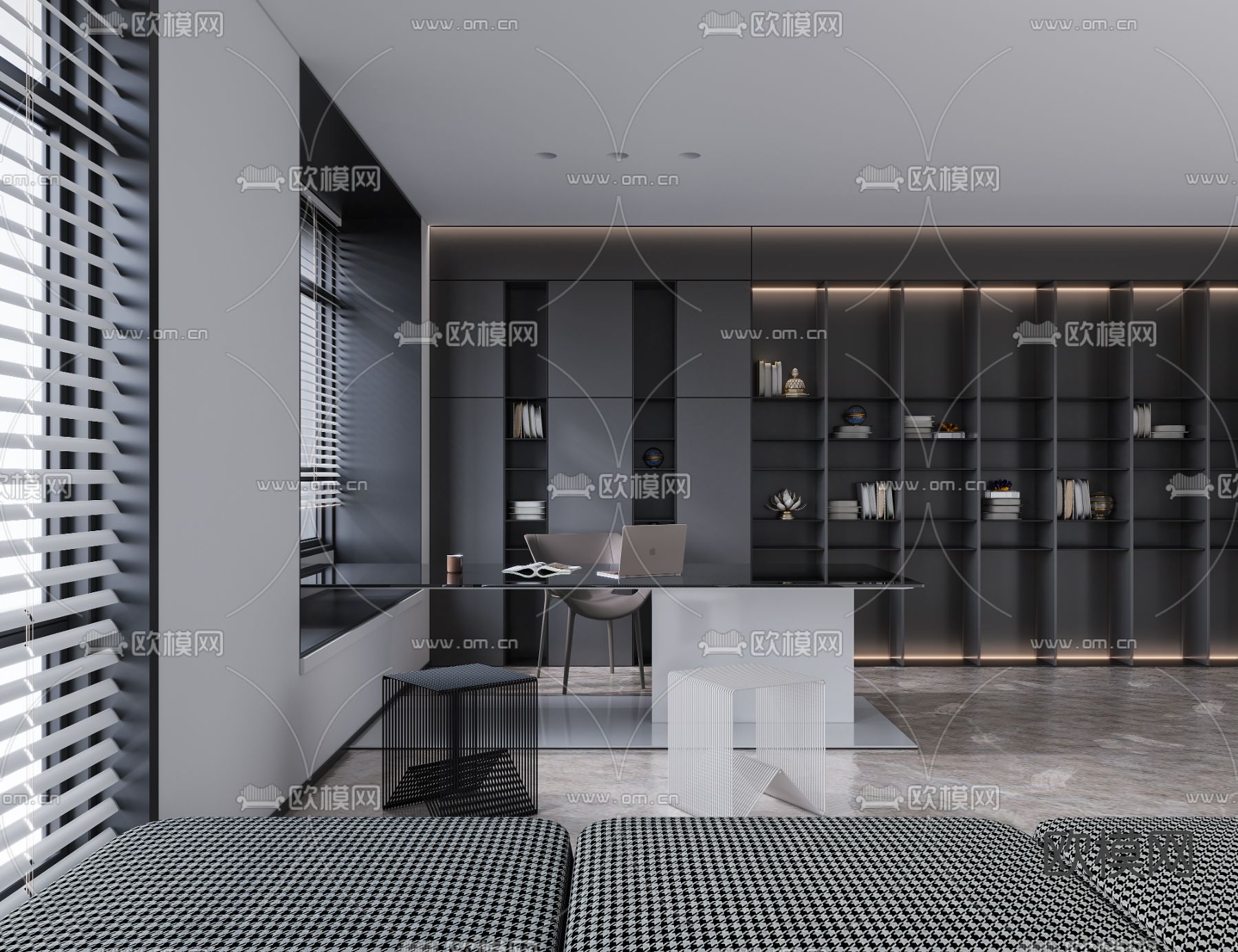 现代高级灰书房3d模型下载（渲染图2）