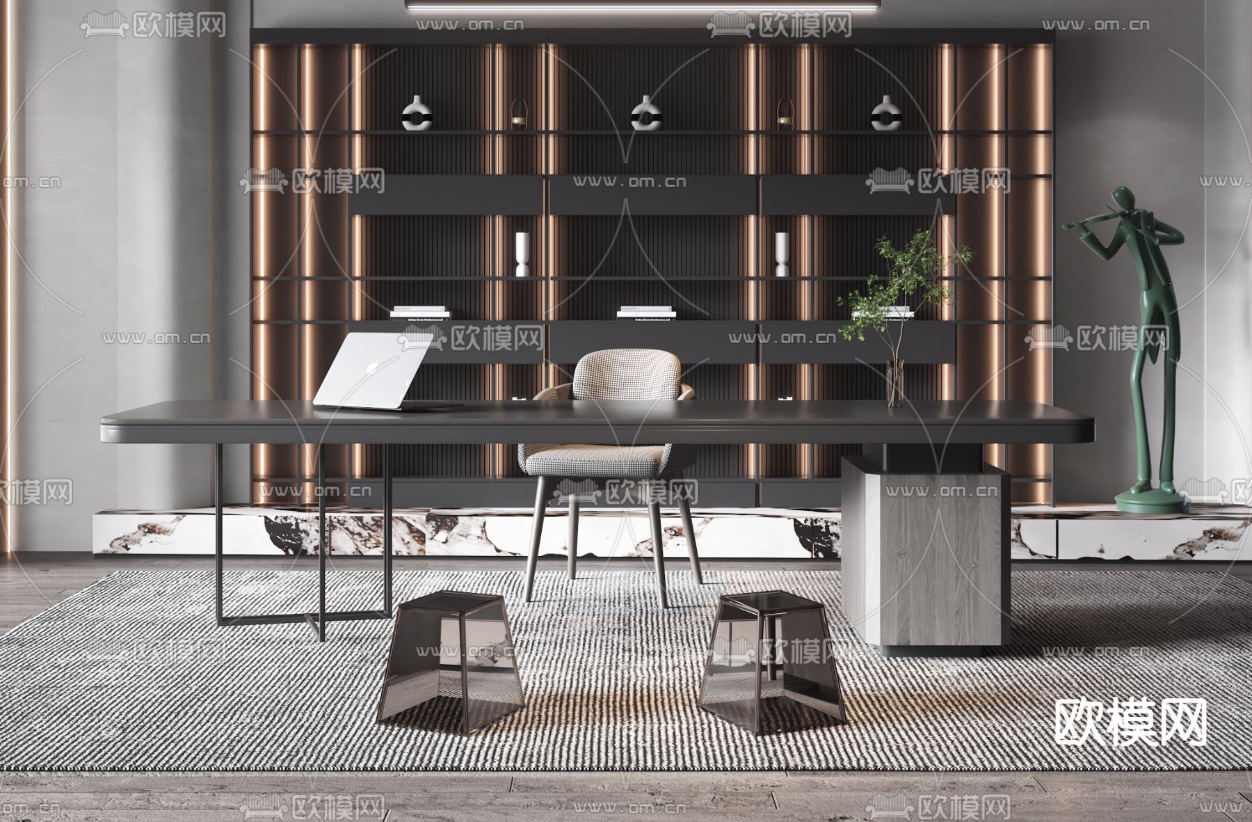 现代高级灰书房3d模型下载（渲染图1）