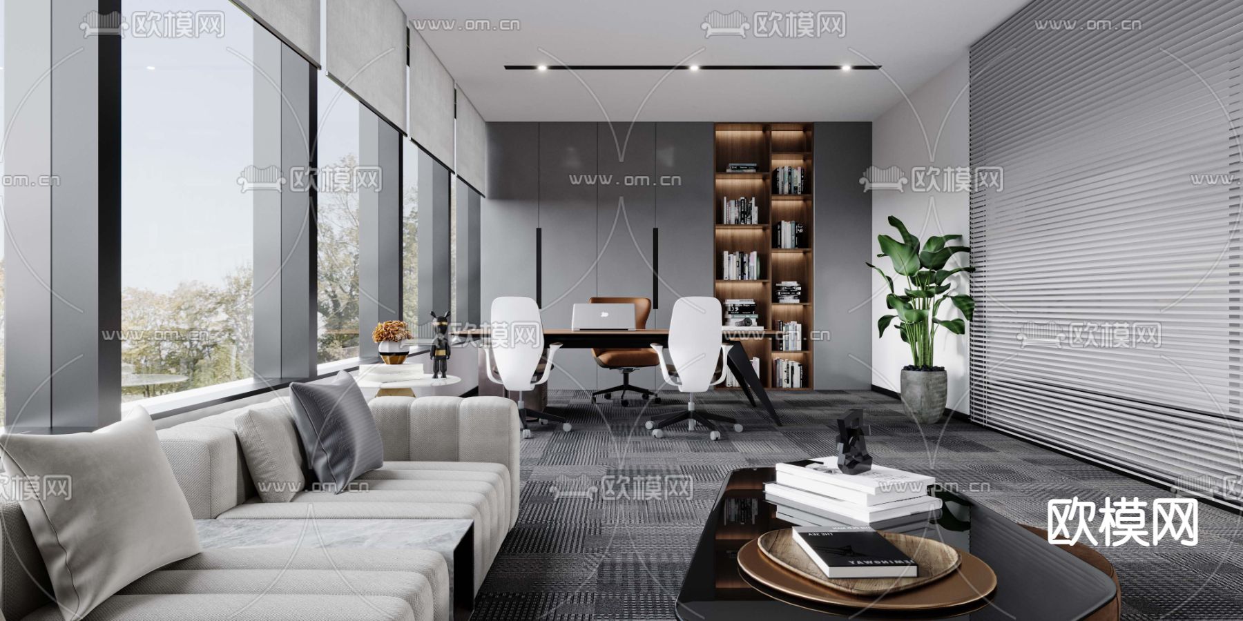 现代高级灰总经理办公室3d模型下载（渲染图1）