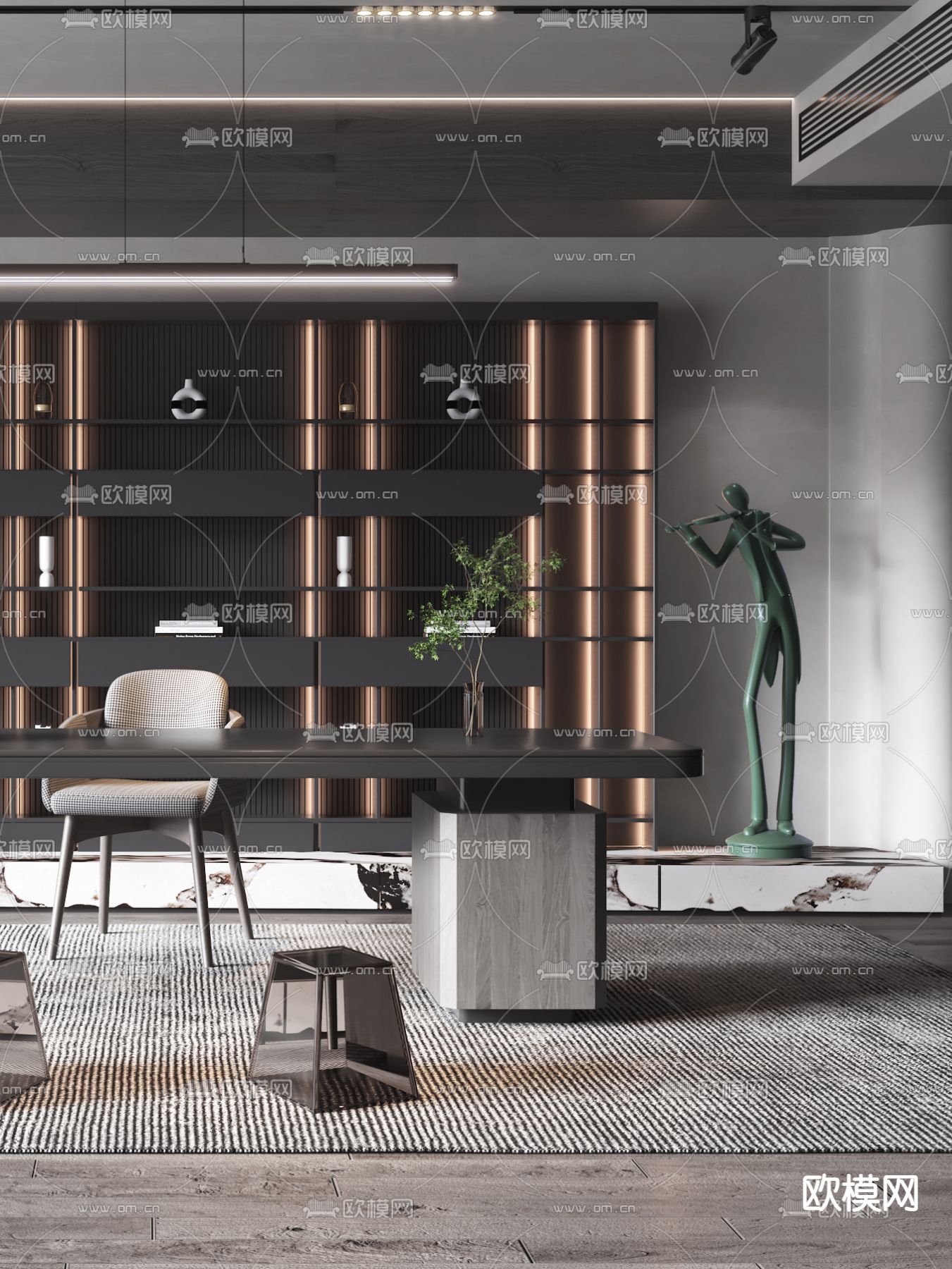 现代高级灰书房3d模型下载（渲染图2）